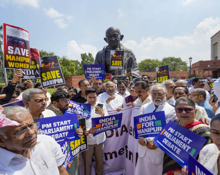 Manipur: Opposition holds protest in Parliament premises, demand PM’s statement